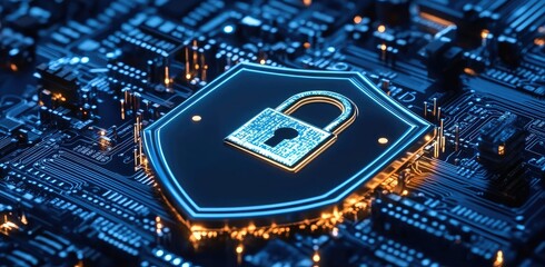 Cybersecurity Shield on Circuit Board