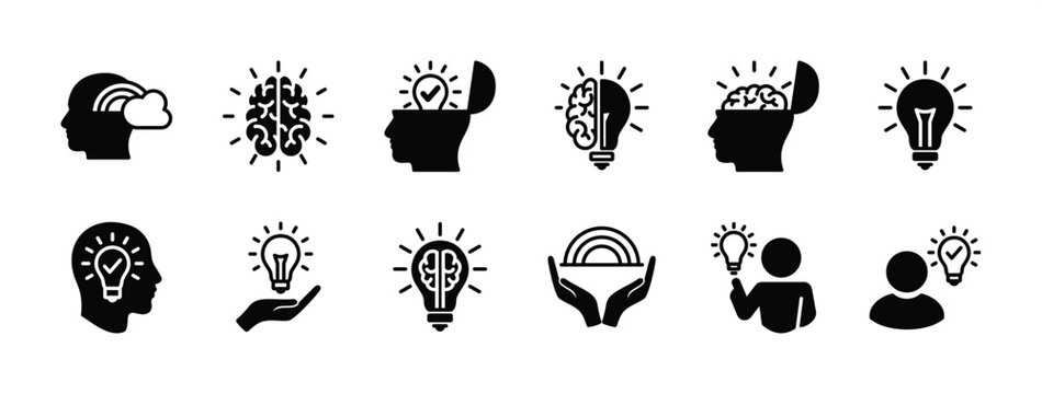 Imagination cognition icon vector set. Contains brain head light bulb, open minded, creativity, thinking, intelligence, innovation, idea, inspiration, genius, creation, smart, solution. Illustration