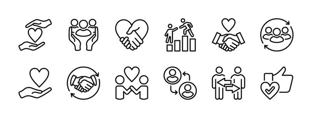 Loyalty icon set. Contains devotion, trust, trustworthiness, commitment, cooperate, relationship, connection, support, friendship, teamwork, loyal, love, sharing, togetherness. Vector illustration