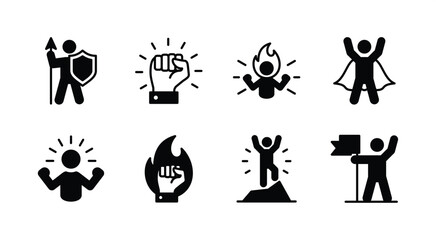 Courage icon vector set. Contains power, bravery, passion, spirit, super, strength, strong, confidence, powerful, motivation, leadership, successful business achievement goal. Illustration