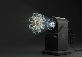Virus hologram projected from scientific device in a dark room
