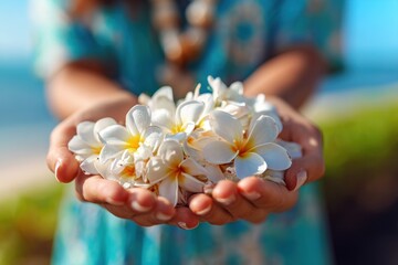 A woman holds a white plumeria lei welcoming visitors to the Hawaiian island
