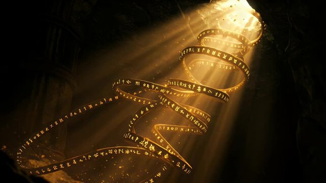 Golden scrolls spiral in a dark cave