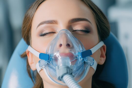 A woman relaxes in a dental office using nitrous oxide