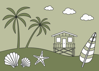 Black summer beach icon set, flat vector silhouette style, isolated on white,  A tropical beach and surf-themed vector set with palm trees, waves, surfboards, a van, flamingos, and ocean elements 