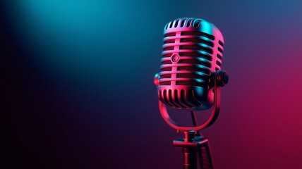 Creative podcast recording setup featuring a vintage microphone with vibrant lighting effects