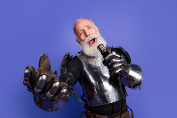 Medieval knight performing passionately with a microphone, elderly man in armor with a vibrant...