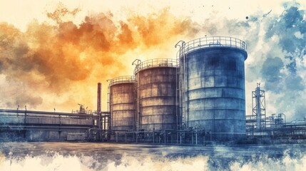 Industrial Tanks at Sunset with Watercolor Effects, Showcasing Oil and Gas Storage in a Vibrant Colorful Landscape with Dramatic Sky and Cloud Patterns