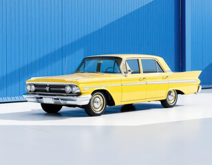 High-resolution mockup of a vintage 1960s car on a blue plain studio backdrop. Ideal for retro branding, automotive heritage design, and nostalgic visual projects.