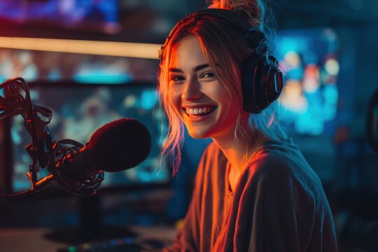 Teen girl gamer and influencer hosts a gaming podcast while streaming online in a neon studio