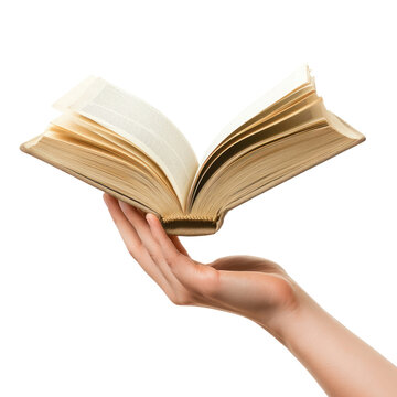 A hand holding an open book with pages turning, symbolizing the process of reading and gaining knowledge. isolate on transparent background