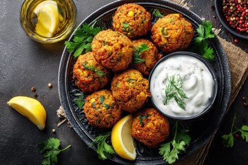 Close up of chickpea fritters with garlic herbs and spices on a plate accompanied by yogurt dip viewed from above