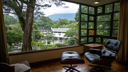 Fototapeta premium Indoor view of a corner room with a patio