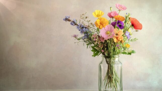 Flowers in a vas with beige background copy space