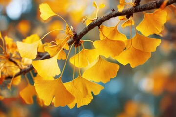 Fototapeta premium Autumn scene featuring yellow ginkgo leaves