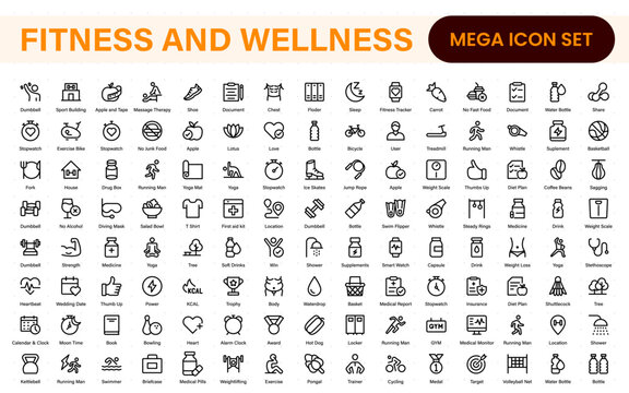 Set of fitness and wellness related line icons, wellbeing, mental health, healthcare, cosmetics, spa, medical. Outline icon collection.