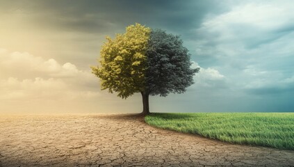 Concept of climate changing. Half dead and alive tree outdoors.