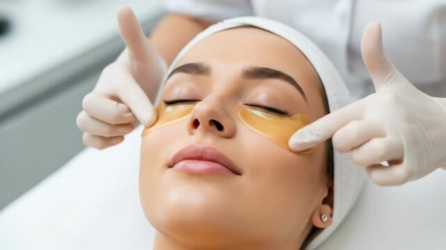 Woman receiving facial treatment with gold eye patches, beautician applies cosmetic serum to her face for skincare footage.