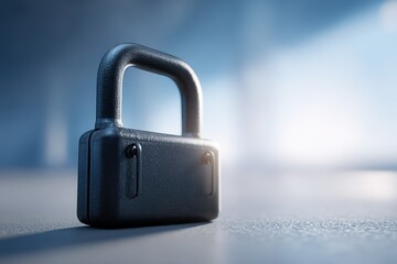Naklejka premium Black padlock resting on smooth surface in softly lit setting showcasing security and protection themes