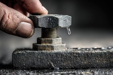 Close-up view of a hand adjusting a metal bolt with a drop of liquid forming in a workshop setting at dusk