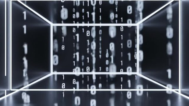 Minimalist digital cube room illuminated by binary code rain