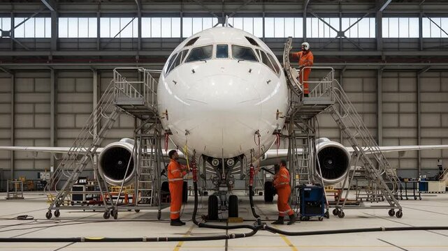 Aircraft undergoing engine and fuselage maintenance in an airport hangar. Technicians working on repairs with specialized equipment in the hangar