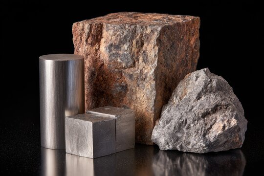 Bauxite and aluminum shapes cubes rectangles cylinders on a dark backdrop
