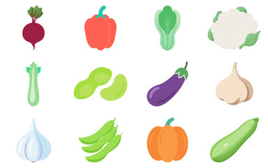 Set of vegetables flat vector illustration, colorful fresh food icons, healthy organic produce collection