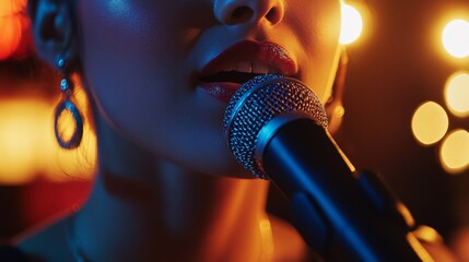Female singer performing with microphone on stage. Illuminated by spotlights, conveying a live musical performance vibe.