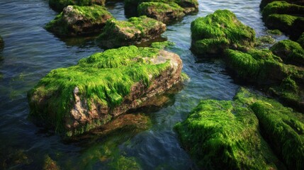 Fototapeta premium Rocks covered in vibrant green seaweed in shallow water