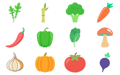 Set of vegetables flat vector illustration, colorful fresh food icons, healthy organic produce collection