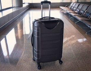 Modern travel suitcase with wheels, The suitcase is black, standing on the floor