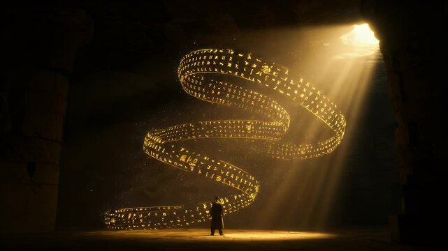Golden swirling glyphs illuminate a cavernous space with a lone figure