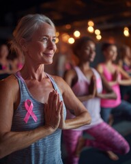 A fitness class of breast cancer survivors practicing yoga together, highlighting resilience and group healing.