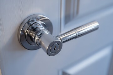 Fototapeta premium Close-up view of a modern door handle with a keyhole on a wooden door, highlighting functionality and design