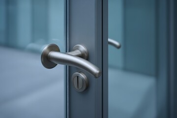 Fototapeta premium Modern glass door with sleek handle at an office building entryway on a cloudy day