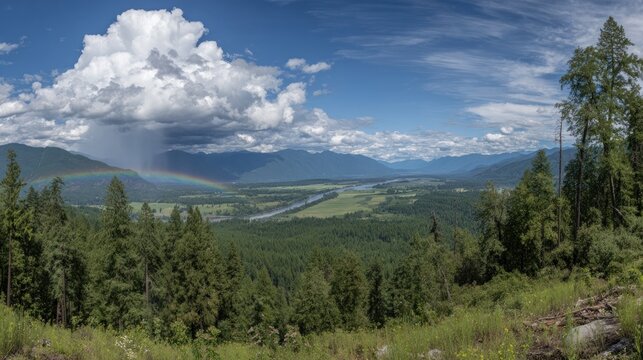 Panoramic view of valley, rainbow, clouds, and mountains