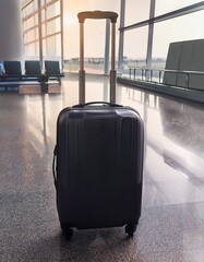 Modern travel suitcase with wheels, The suitcase is black, standing on the floor