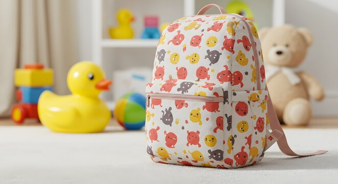 Mockup of a diaper pack with toys in the background