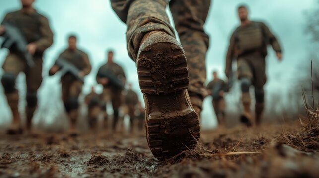 A group of soldiers marches through a muddy battlefield, highlighting resilience and determination amidst adversity, symbolizing teamwork and the challenges of military life.