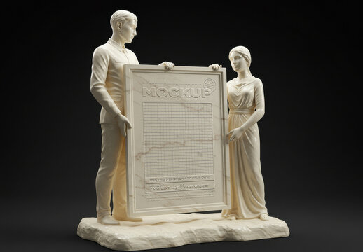 Couple Marble Statue with Vertical Frame Relieve Mockup