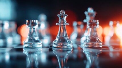 A visually striking arrangement of glass chess pieces highlighted by dramatic lighting, symbolizing strategy, intelligence, and the timeless allure of the game.