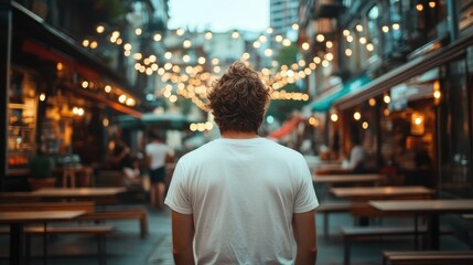 A captivating view of a bustling street filled with glowing string lights, inviting ambiance, and a hint of lively human activity in an urban setting emphasizing connections.