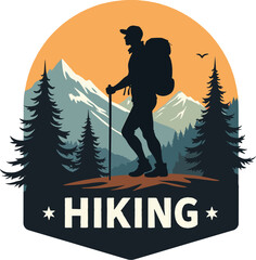 Vector badge of a hiker standing with poles on rocky terrain, mountain background and bold “HIKING” typography below