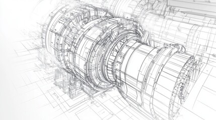 Obraz premium Technical Blueprint of an Industrial Turbine Engine with Detailed Line Art Representations and Mechanical Components for Engineering and Design Applications