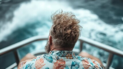 A man with fluffy hair enjoys the ocean breeze while seated on the edge of a boat, surrounded by the vibrant blue waters and foamy waves, evoking a sense of freedom and adventure.
