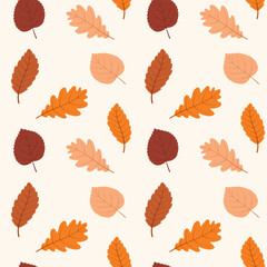 Obraz premium Seamless repeating pattern of autumn leaves on a white background. Vector illustration.