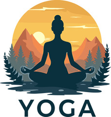 Obraz premium Vector illustration of a woman meditating in lotus pose at sunset, surrounded by water, forest, and orange mountains in peaceful landscape
