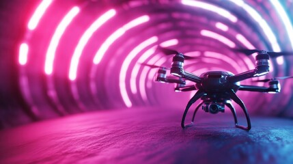 A futuristic drone captured in a tunnel illuminated by vibrant neon lights, creating a captivating technological scene that embodies innovation and modernity in design.
