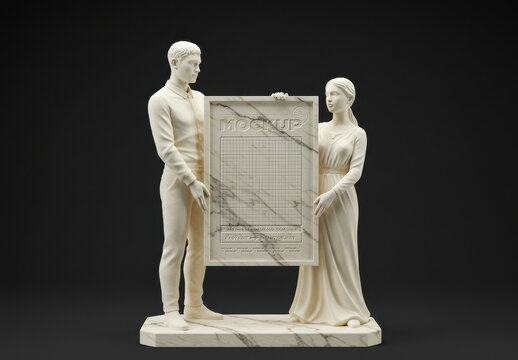 Couple Sculpture with Vertical Poster Picture Frame Relieve Mockup